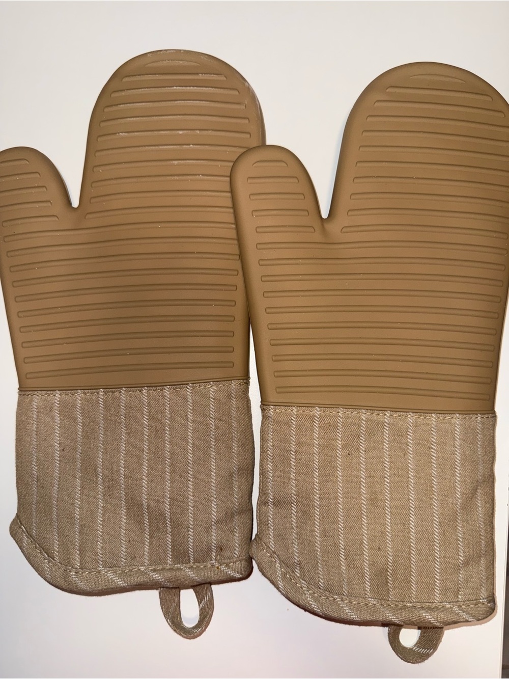 Pair of Silicone-Topped Oven Mitts in Tan
